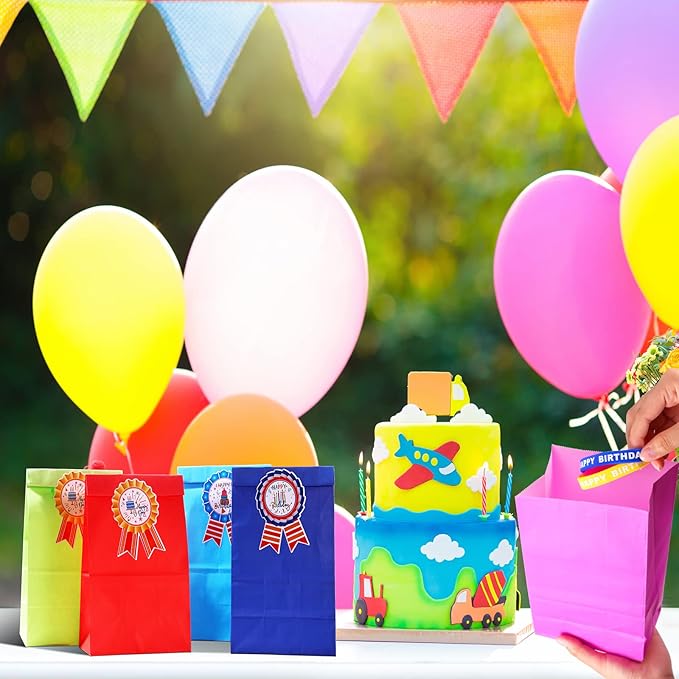 Leinuosen 248 Pcs School Supplies for Kids Classroom Include 200 Happy Birthday Badge Stickers Roll 24 Birthday Bracelets and 24 Rainbow Paper Gift Bag for Teacher Student School Decor (Bright Color)