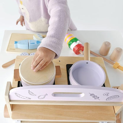 Children's Wooden Foldable Portable BBQ Mini Kitchen & Grill Toy,2In1 Kids Toy Grill Stove and Tablekitchen Cooking Set with Accessories for Toddlers Boys Girls Age 3+