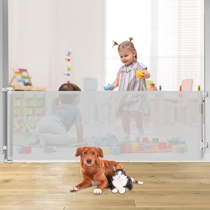 80 Inch Baby Gate Extra Wide Retractable Dog Gate Mesh Baby Gate Outdoor Baby Gates for Decks Indoor Mesh Gate Retractable Pet Gate Doorway Gate Safety Gates for Stairs Babies Kids gate (Light Gray)