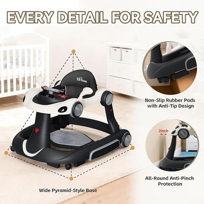 Baby Walker with Wheels, 7-in-1 Foldable Baby Walkers for Boys Girls 6-12 Months with Feeding Tray & Music, Lights,Rocker,Sun Canopy, Bouncing Pedal, Adjustable Wheel Speed, Push Walker (Black)