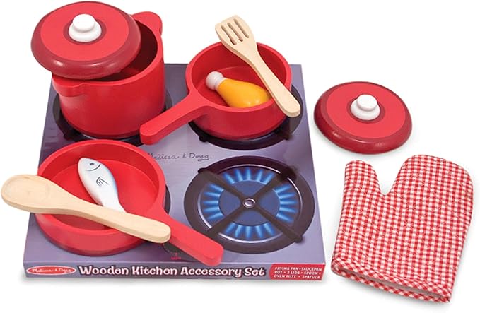 Melissa & Doug Deluxe Wooden Kitchen Accessory Set - Pots & Pans (8 pcs) , Green , H: 12 x W: 12 x D: 5