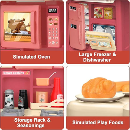 deAO Kids Kitchen Playset 35PCS Play Kitchen Toys Accessories with Sounds Lights,Cooking Stove Steam,Pretend Play for Toddler Aged 3 4 5 6 7 8 Years (Red)