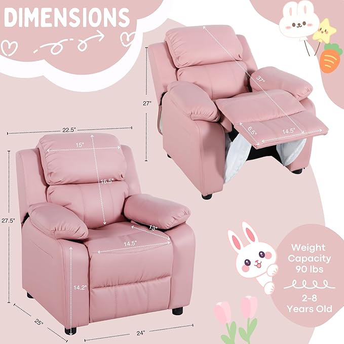 JC Home Macaron Kids Reclining Chair Leather Recliner Sofa Toddler Youth Children Child Ages 2-8