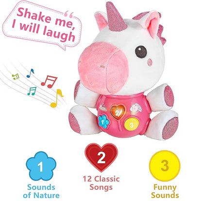iPlay, iLearn Baby Unicorn Musical Toys, Newborn Girls Gift, Soft Plush Stuffed Animal, Infant Light Music Time, 1st Valentine's Easter Basket Stuffer 0 1 2 3 6 9 12 18 Month Age 1-3 Toddlers Boys