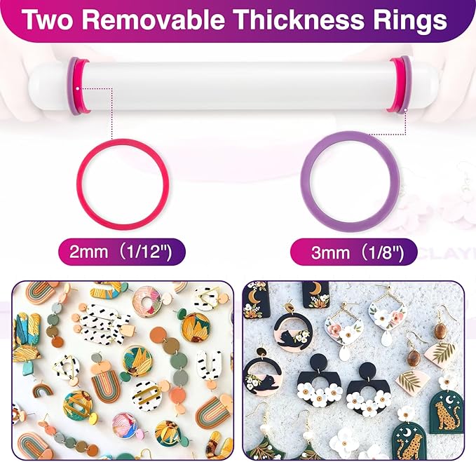 Clay Roller with Thickness Rings and 16" x 12" Silicone Clay Mat with Measurement,Oven-Safe Work Mat with Texture,Reusable Silicone Non-skid Pad,Clay Rolling Pin,Polymer Clay Tools