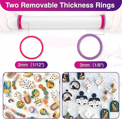Clay Roller with Thickness Rings and 16" x 12" Silicone Clay Mat with Measurement,Oven-Safe Work Mat with Texture,Reusable Silicone Non-skid Pad,Clay Rolling Pin,Polymer Clay Tools