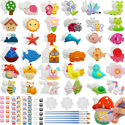 HyDren 81 Pcs Kids Arts and Crafts Set Painting Kit Plaster Painting Craft Kit Paint Your Own Ceramic Figurines DIY Nature Animals Paintable Ceramics Plaster Drawing Kits for Kids Girls Boys Toddlers