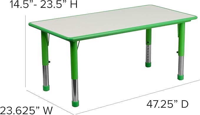 Flash Furniture Wren 23.625''W x 47.25''L Rectangular Green Plastic Height Adjustable Activity Table with Grey Top