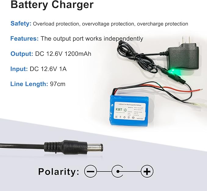 KBT 12V 1200mAh Rechargeable Li-ion Battery, Bare Leads Wire Replacement Battery Pack with Charger Compatible for 12V Devices RC Car, Boat, Robot, DIY, LED Light Kit