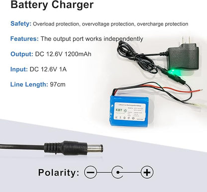 KBT 12V 1200mAh Rechargeable Li-ion Battery, Bare Leads Wire Replacement Battery Pack with Charger Compatible for 12V Devices RC Car, Boat, Robot, DIY, LED Light Kit