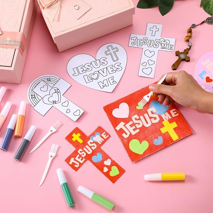 24 Sets Valentine's Day Religious Craft Kit Jesus Loves Me Sand Art Heart Crosses Painting Kit with Colored Sand Brushes Valentine Christian for Valentine Gift Sunday School DIY Activities