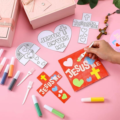 24 Sets Valentine's Day Religious Craft Kit Jesus Loves Me Sand Art Heart Crosses Painting Kit with Colored Sand Brushes Valentine Christian for Valentine Gift Sunday School DIY Activities