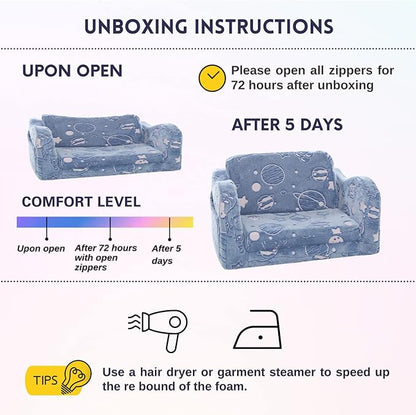 MeMoreCool Toddler Fold-Out Chair for Girls Boys, Glow-in-The-Dark Folding Baby Couch, Convertible Plush Recliner Lounger for Kids Playroom (Glowing Astronaut)