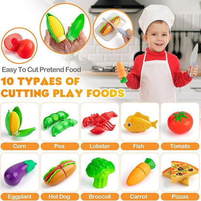 42Pcs Play Kitchen Accessories, Kids Kitchen Pretend Play Toys with Play Pots and Pans, Utensils Cookware Toys, Play Food Set, Toy Vegetables, Learning Gift for Girls Boys