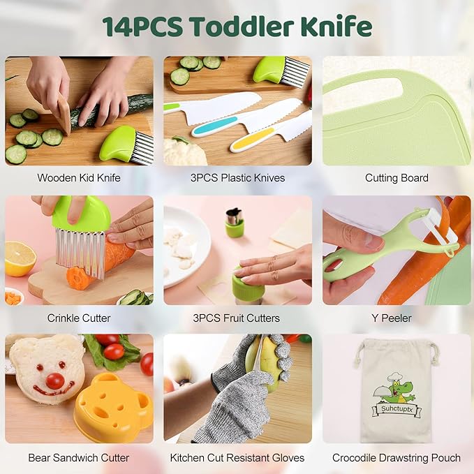 Suhctuptx 14 Pieces Wooden Kids Kitchen Knife Set with Gloves Cutting Board Fruit Vegetable Crinkle Cutters Serrated Edges Plastic Toddler Knifes for Real Cooking Kid Safe Knives - Crocodile