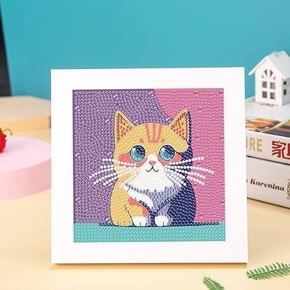 hkejoi Cat Diamond Painting Kits with Frame, Cat Diamond Art Kits, Cat Gem Art Kit, Crystal Art for Gift Home Wall Decor 7x7 Inch