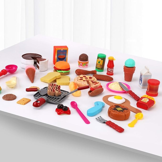 50 PCS Kids Deluxe Pretend Play Food Set with Kitchen Tools, Breakfast, Fast Food, Ice Cream & Desserts - Fun & Interactive Gourmet Toy Assortment Playset for Imaginative Play