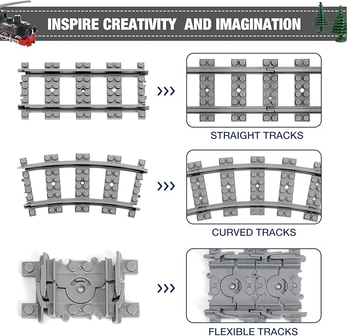 Classic City Train Tracks, 72 Pieces Railroad Track with 24 Flexible, 24 Curved and 24 Straight Tracks, Train Expansion Accessories Compatible with All Major Brands Train Tracks