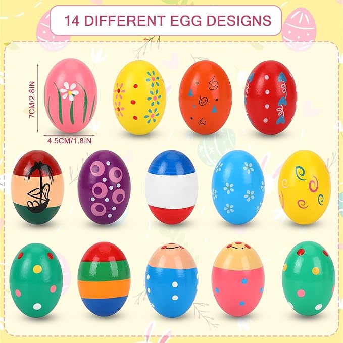 Augshy 14 PCS Egg Shakers Percussion Musical Egg Maracas Easter Egg Kids Toys （Wooden)