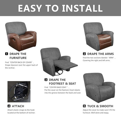 molasofa Recliner Chair Covers - 4 Pieces Leather Like Large Recliner Chair Covers with Pocket Waterproof Non Slip Stretch Recliner Slipcover for Lazy Boy Recliner Chair Washable (Light Grey)