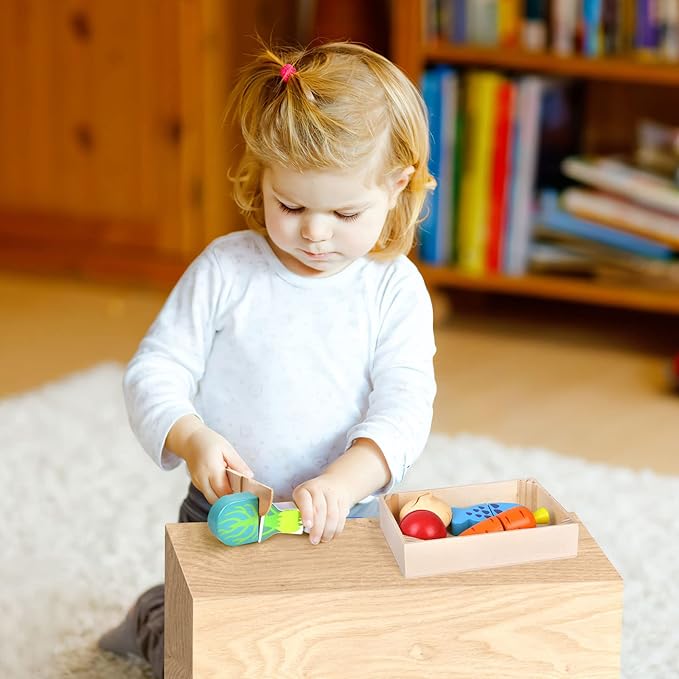 FUN LITTLE TOYS 12 Pcs Wooden Pretend Cutting Play Food Set for Kids Aged 3+, Early Education Toy for Toddlers, Veggie Slicers Playset, Toys Food and Vegetables with Storage Case