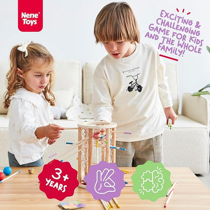 Nene Toys Ballfall, Montessori Toy from 3 Years - Educational Board Game with Colourful Sticks, Dice & Cards - Wooden Toy for Boys and Girls 3-9 Years - Children's Game from 3 Years