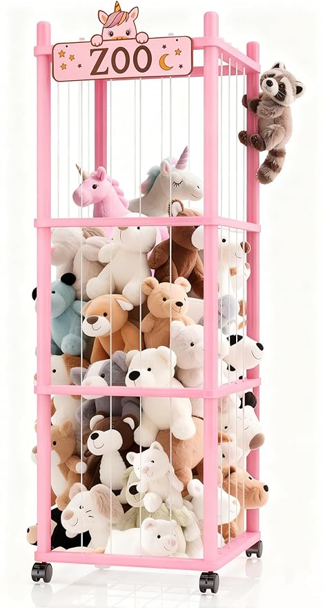 Stuffed Animal Storage Zoo Tower,56In Wooden Large Stuffed Animal Holder Organizer with Wheels,Stuffy Plushies Storage with Elastic Band&Mesh Bottom,Toy Organizers for Playroom Nursery（Pink）