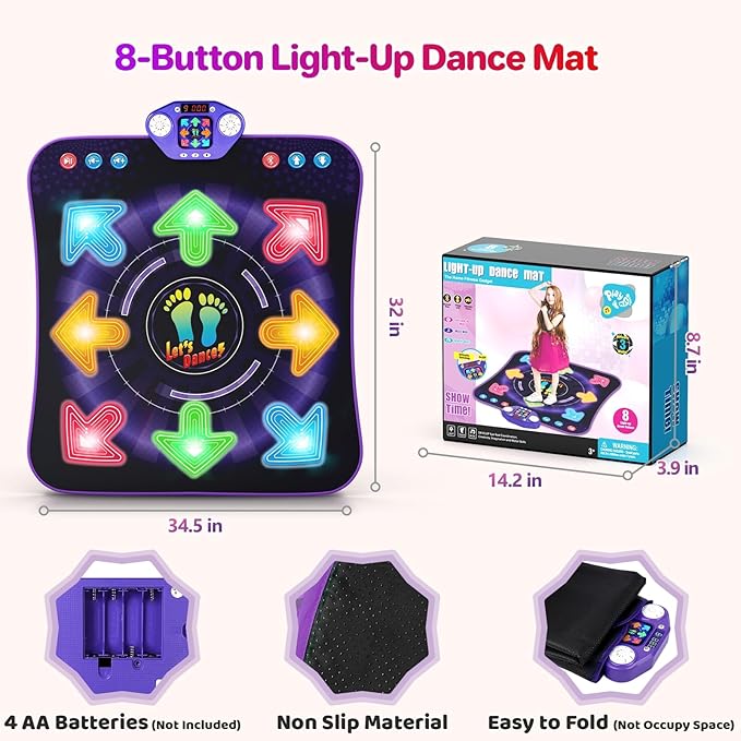 Dance Mat Toys for 3-12 Year Old Girls Boys, Dance Pad with Light Up 8-Buttons & Bluetooth, Music Dance Game with 7 Game Modes, Christmas Birthday Gifts for 3 4 5 6 7 8 9 10+ Year Old Girls Boys