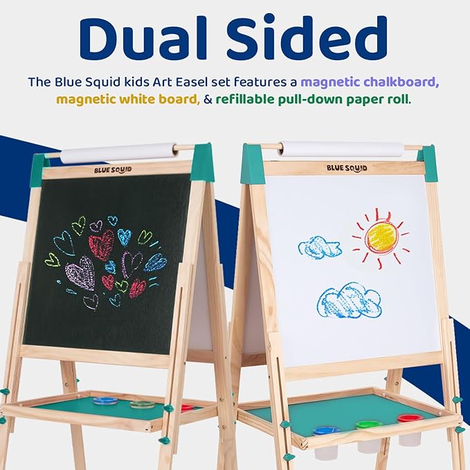 Blue Squid Art Easel for Kids - Dual-Sided Adjustable Wooden Painting Easels, Ideal Christmas Gift for Toddlers and Kid - with Magnetic Chalk Board, White Board & Paper Roll, Includes Accessories