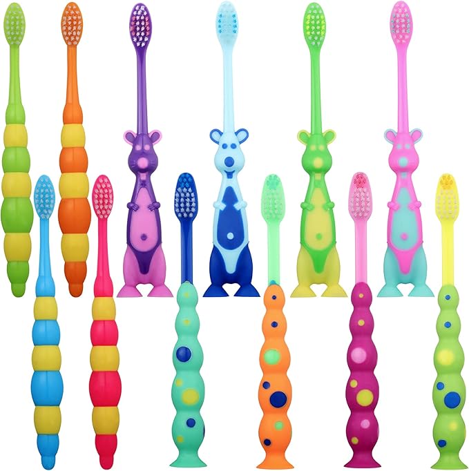 12 Pieces Toddler Toothbrush Bulk Kids Toothbrush Pack Manual Baby Toothbrushes with Covers Suction Cup Toothbrush Lovely Soft Bristle Animal Toothbrush for Kids Sensitive Teeth