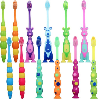 12 Pieces Toddler Toothbrush Bulk Kids Toothbrush Pack Manual Baby Toothbrushes with Covers Suction Cup Toothbrush Lovely Soft Bristle Animal Toothbrush for Kids Sensitive Teeth