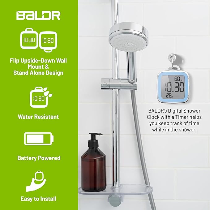 BALDR Digital Bathroom Clock with Timer - Waterproof Shower Clock with Time and Temperature - Waterproof Shower Timer for Kids and Adults - Bathroom Timer, Digital Shower Clocks for Bathroom (Blue)