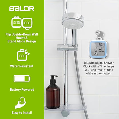 BALDR Digital Bathroom Clock with Timer - Waterproof Shower Clock with Time and Temperature - Waterproof Shower Timer for Kids and Adults - Bathroom Timer, Digital Shower Clocks for Bathroom (Blue)