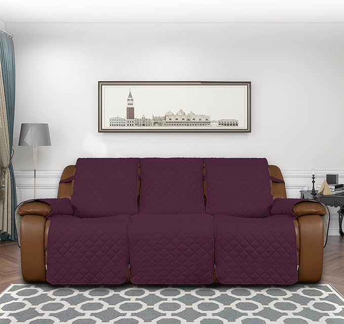 Easy-Going Recliner Sofa Cover, Reversible Couch Cover for 3 Seat Recliner, Split Sofa Cover for Each Seat, Furniture Protector with Elastic Straps for Kids, Dogs, Pets(3 Seater, Wine/Beige)
