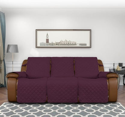 Easy-Going Recliner Sofa Cover, Reversible Couch Cover for 3 Seat Recliner, Split Sofa Cover for Each Seat, Furniture Protector with Elastic Straps for Kids, Dogs, Pets(3 Seater, Wine/Beige)