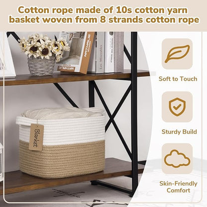 Goodpick Woven Storage Basket for Shelves, Medium Empty Gift Basket with Handles, Square Wicker Dog Toy Baskets, White and Jute Storage Bin, 13 x 10 x 9 Inches