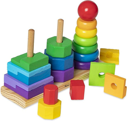 Melissa & Doug Geometric Stacker - Wooden Educational Toy Wooden Shape Sorter And Stacking Toy, Stacking Tower For Babies, Toys For Toddlers And Kids Ages 2+