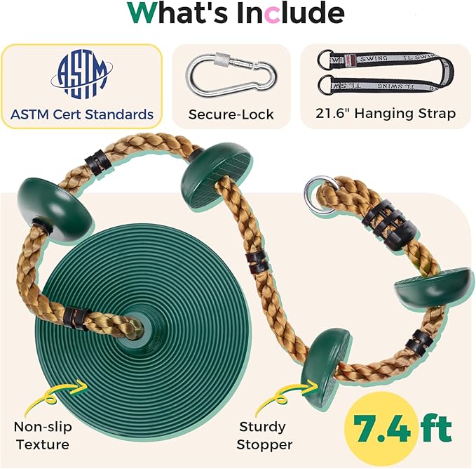 DECORLIFE Tree Swing for Kids, Adjustable Rope Swing Disc Swing for Outside with Platform Carabiners and Strap Outdoor, Playground Accessories, Green