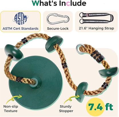 DECORLIFE Tree Swing for Kids, Adjustable Rope Swing Disc Swing for Outside with Platform Carabiners and Strap Outdoor, Playground Accessories, Green