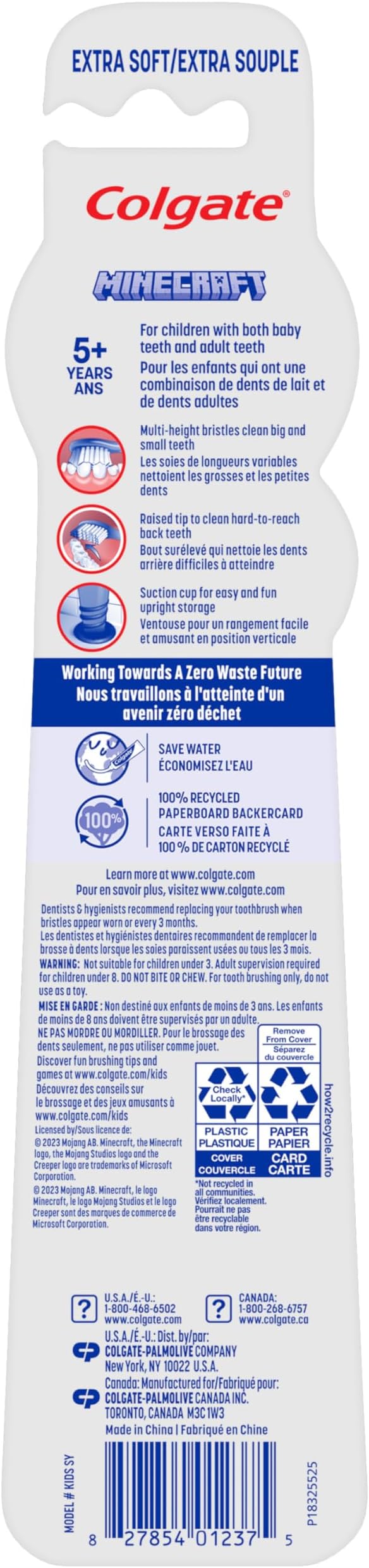 Colgate Kids Minecraft Toothbrush Pack, Extra Soft Toothbrushes for Kids, Includes Built-in Suction Cups for Easy Upright Storage, for Kids with Baby Teeth and Adult Teeth, 2 Count