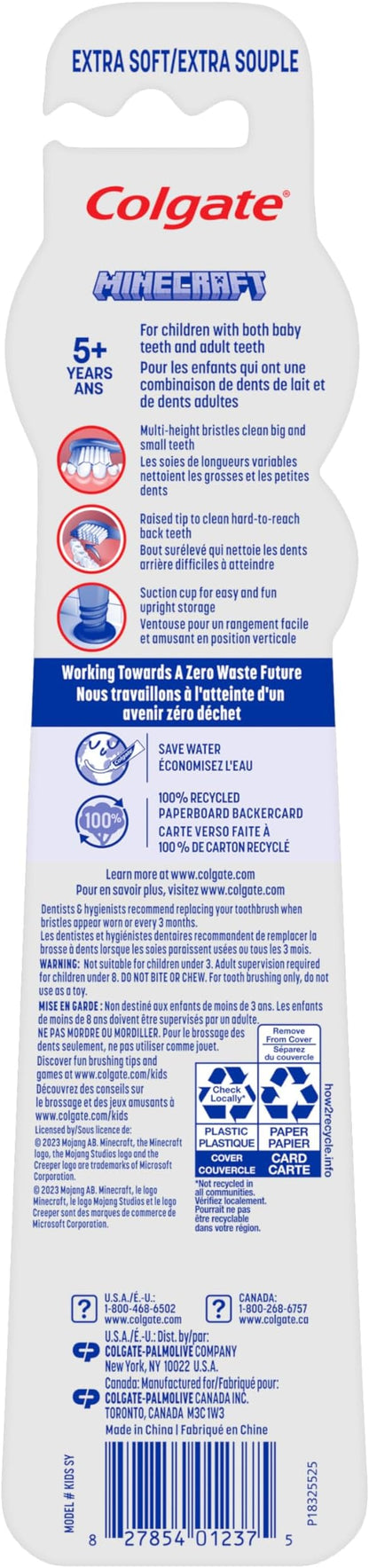 Colgate Kids Minecraft Toothbrush Pack, Extra Soft Toothbrushes for Kids, Includes Built-in Suction Cups for Easy Upright Storage, for Kids with Baby Teeth and Adult Teeth, 2 Count