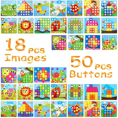 TINOTEEN Button Art Toy for Toddlers,Toddler Activities Crafts Color Matching Early Learning Educational Mosaic Pegboard 50 Buttons and 18 Pictures