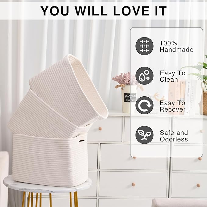 ICERZCZ Storage Baskets for Organizing Shelves, Woven Cotton Rope Bins for Baby Nursery Organization, Book Toy Towel Organizer, 15"x11"x9.5", 3 Packs, Off White