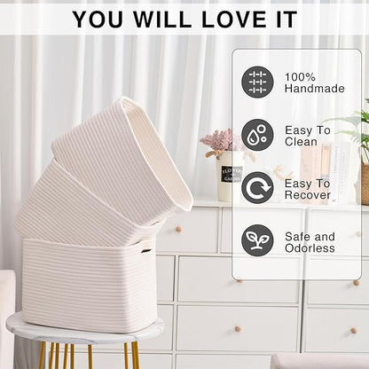 ICERZCZ Storage Baskets for Organizing Shelves, Woven Cotton Rope Bins for Baby Nursery Organization, Book Toy Towel Organizer, 15"x11"x9.5", 3 Packs, Off White