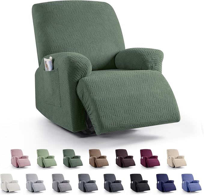 KinCam Recliner Covers, Stretch Reclining Chair Covers, Recliner Sofa Slipcovers Stripe Jacquard Recliner Couch Covers Furniture Protector Covers for Pet Kid (1 Seater, Greyish Green)