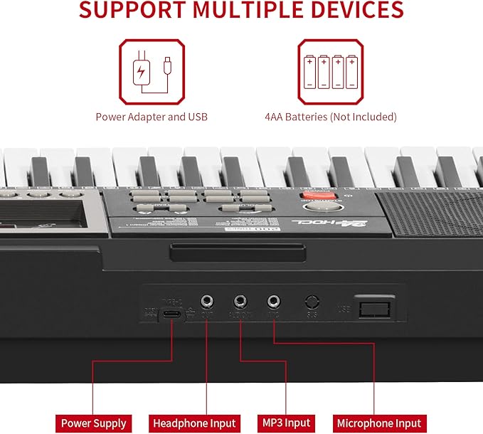 Kids Keyboard 61 Keys, Beginner Electronic Piano with One-Key Teaching 100 Tones & Rhythms, Portable Music Keyboard for Children with Microphone, Music Stand [Black, Piano with Stand]