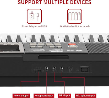 Kids Keyboard 61 Keys, Beginner Electronic Piano with One-Key Teaching 100 Tones & Rhythms, Portable Music Keyboard for Children with Microphone, Music Stand [Black, Piano with Stand]