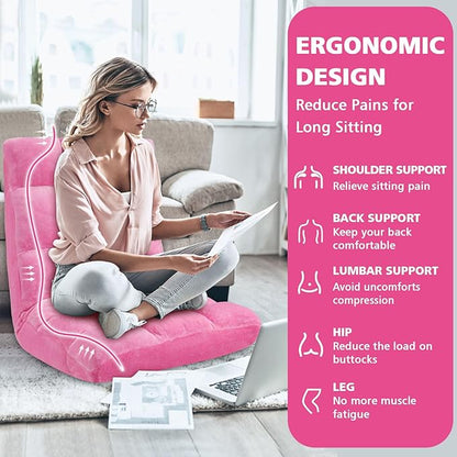 Folding Floor Chair 14-Position Cushioned Adjustable Floor Lazy Sofa Chair w/Breathable Cotton & Skin-Friendly Flannel for Adults & Kids Ideal for Reading Meditating, Pink