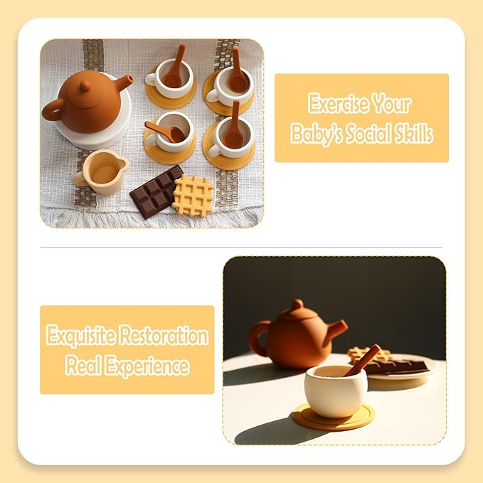 Silicone Tea Party Set, Toy Tea Set for Girls Kids ToddlersTea Set with Tea Pot Cups Food(Chocolate and Waffles), Pretend Play Kitchen Accessories(Brown)