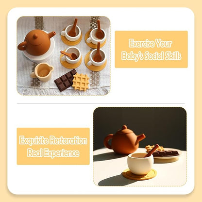 Silicone Tea Party Set, Silicone Tea Set for Kids with Play Food(Chocolate and Waffles), Pretend Play Kitchen Accessories(Brown)